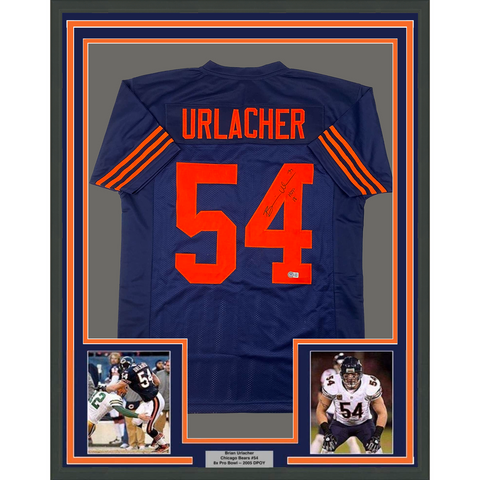 Framed Autographed/Signed Brian Urlacher 33x42 HOF 18 Blue Retro Jersey BAS COA