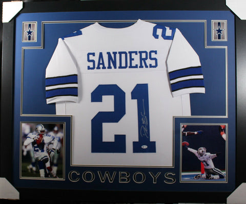 Deion Sanders Autographed/Signed Dallas Framed White XL Jersey BAS 32970