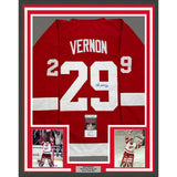 Framed Autographed/Signed Mike Vernon 35x39 Detroit Red Hockey Jersey JSA COA