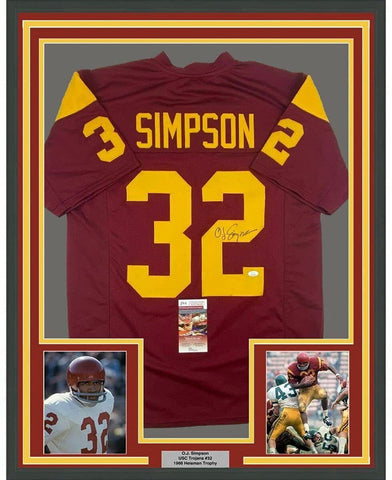 FRAMED Autographed/Signed OJ O.J. SIMPSON 33x42 USC Red College Jersey JSA COA