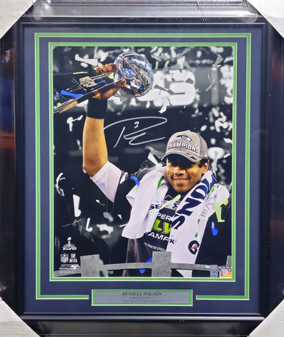 Russell Wilson Autographed Framed 16x20 Photo Seahawks SB 48 XVIII Trophy