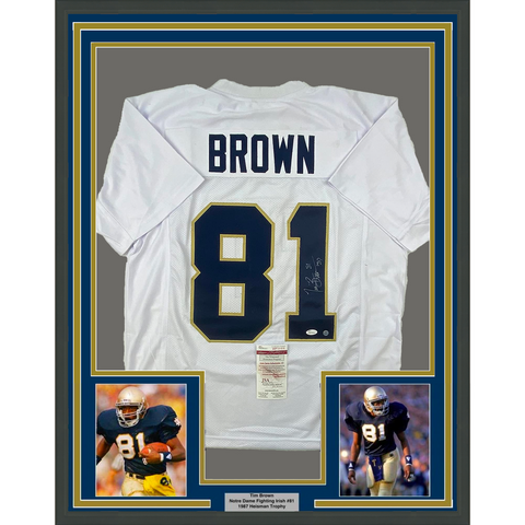 Framed Autographed/Signed Tim Brown 33x42 Notre Dame White Jersey JSA COA