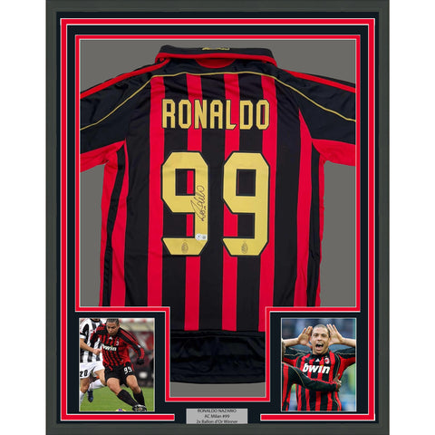 Framed Autographed/Signed Ricardo Ronaldo Nazario 35x39 AC Milan Jersey BAS COA