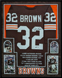 SUEDE FRAMED CLEVELAND BROWNS JIM BROWN AUTOGRAPHED INSCRIBED STAT JERSEY JSA