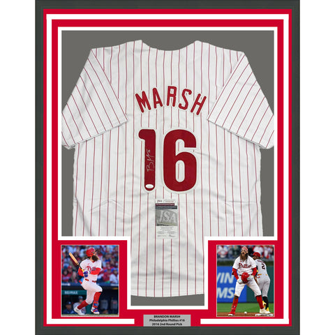 Framed Autographed/Signed Brandon Marsh 35x39 Pinstripe Jersey JSA COA