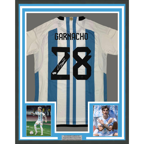 Framed Autographed/Signed Alejandro Garnacho 35x39 Argentina Blue Jersey BAS COA