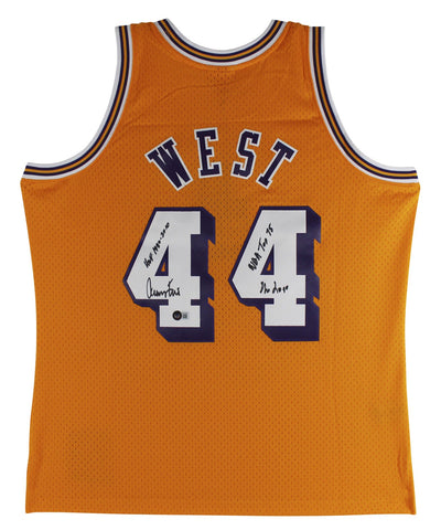 Lakers Jerry West "3x Inscribed" Signed Yellow M&N HWC Swingman Jersey BAS