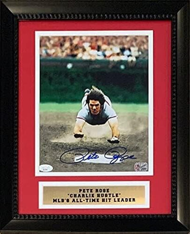 Pete Rose Autographed Diving Signed Framed Baseball 8x10 Photo JSA COA