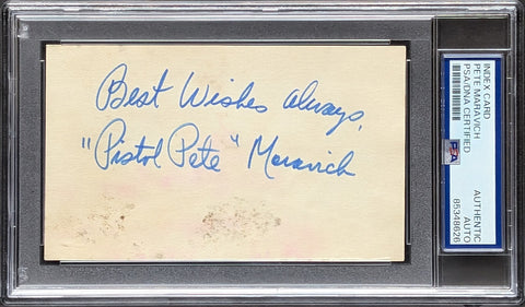 Jazz Pistol Pete Maravich "Best Wishes Always" Signed 3x5 Index Card PSA Slabbed