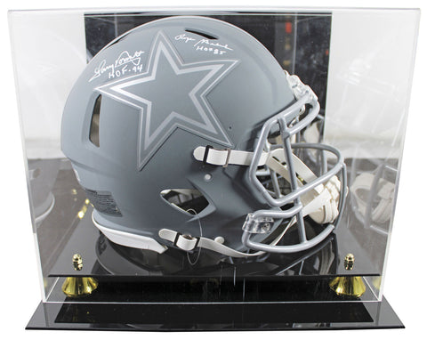 Cowboys Staubach & Dorsett Signed Slate F/S Speed Proline Helmet W/ Case BAS Wit