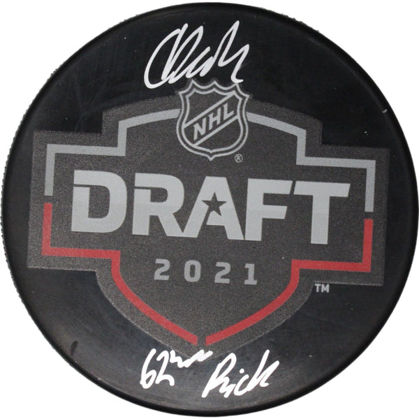 Colton Dach Autographed/Signed Chicago Blackhawks Hockey Puck 62 Pick FAN 46721