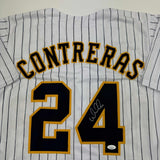 Autographed/Signed William Contreras Milwaukee Pinstripe Baseball Jersey JSA COA