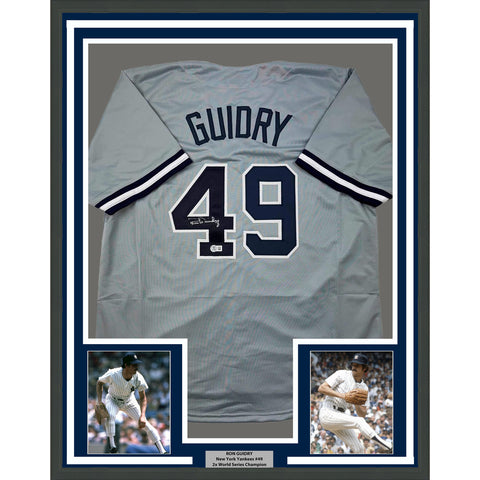 Framed Autographed/Signed Ron Guidry 35x39 New York Grey Jersey Beckett BAS COA