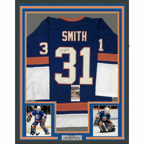 FRAMED Autographed/Signed BILLY SMITH 33x42 New York Blue Jersey JSA COA Auto