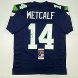 Autographed/Signed DK D.K. METCALF Seattle Blue Football Jersey JSA COA Auto #2