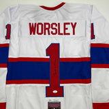 Autographed/Signed Gump Worsley Montreal White Hockey Jersey JSA COA