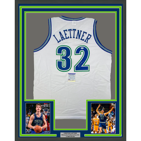 Framed Autographed/Signed Christian Laettner 33x42 Minnesota Jersey PSA/DNA COA