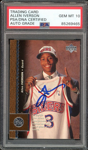 1996 Upper Deck #301 Allen Iverson RC Rookie On Card PSA/DNA Auto GEM MINT 10