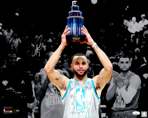 STEPHEN CURRY AUTOGRAPHED 16X20 PHOTO WARRIORS ALL STAR MVP TROPHY JSA 235687