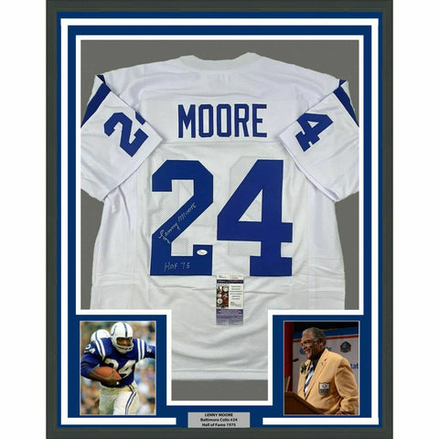 FRAMED Autographed/Signed LENNY MOORE 33x42 White Football Jersey JSA COA