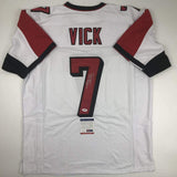 Autographed/Signed MICHAEL MIKE VICK Atlanta White Football Jersey PSA/DNA COA