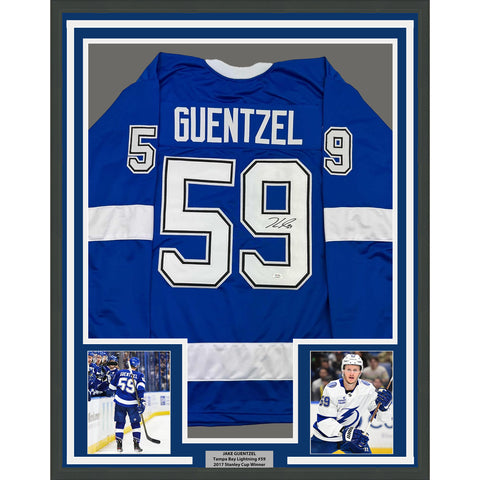 Framed Autographed/Signed Jake Guentzel 35x39 Tampa Bay Blue Jersey PSA COA