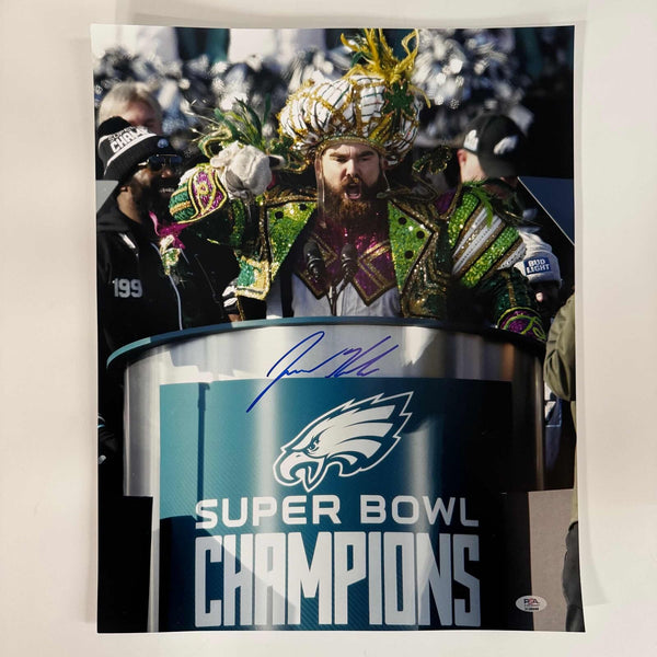 Autographed/Signed Jason Kelce Super Bowl LII Parade Speech 16x20 Photo PSA COA