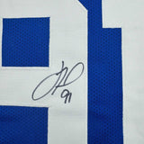 Autographed/Signed Justin Tuck New York Blue Football Jersey JSA COA