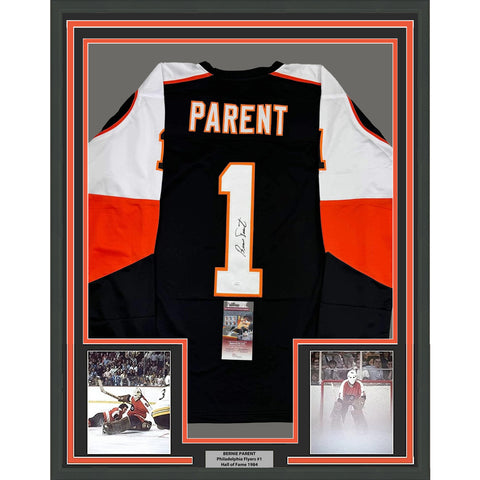 Framed Autographed/Signed Bernie Parent 35x39 Philadelphia Black Jersey JSA COA