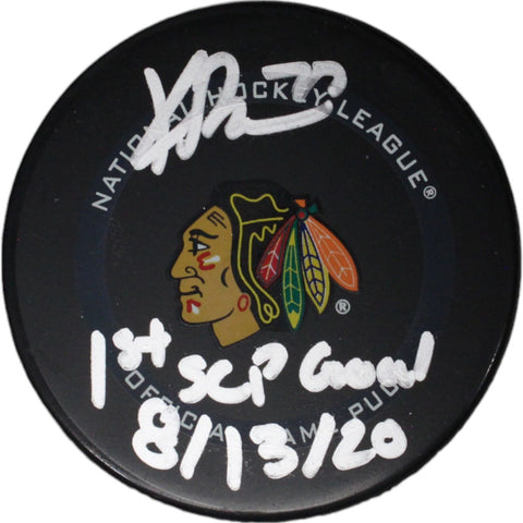 Kirby Dach Autographed Chicago Blackhawks Hockey Puck 1st SCP Goal FAN 46840