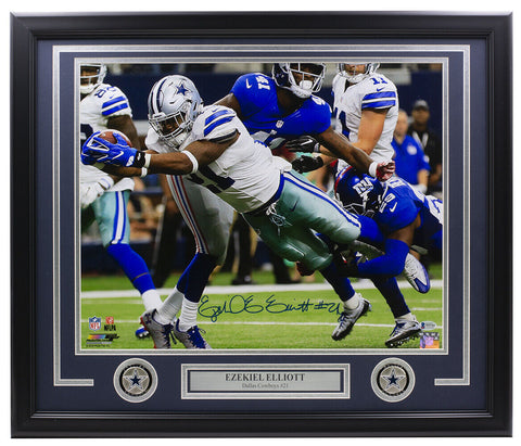 Ezekiel Elliott Signed Framed Dallas Cowboys 16x20 Dive Photo BAS