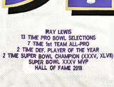 RAVENS RAY LEWIS AUTOGRAPHED SIGNED WHITE FOOTBALL JERSEY WITH STATS JSA 228091