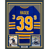 Framed Autographed/Signed Dominik Hasek 35x39 Buffalo Blue Hockey Jersey BAS COA