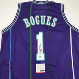 Autographed/Signed MUGGSY BOGUES Charlotte Purple Basketball Jersey PSA/DNA COA