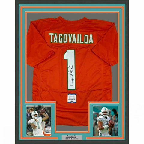 FRAMED Autographed/Signed TUA TAGOVAILOA 33x42 Miami Orange Jersey Beckett COA