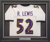 BALTIMORE RAVENS RAY LEWIS AUTOGRAPHED WHITE CUSTOM FRAMED JERSEY BECKETT 185767