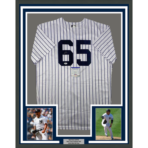 Framed Autographed/Signed Nestor Cortes 33x42 NY Pinstripe Jersey PSA/DNA COA