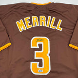 Autographed/Signed Jackson Merrill San Diego Brown Baseball Jersey Beckett COA