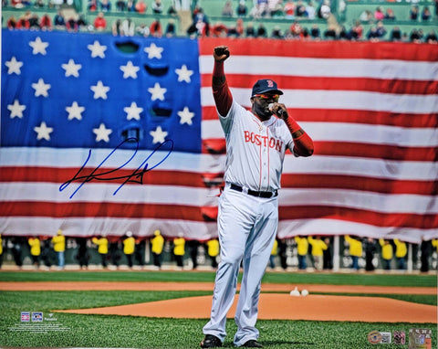 David Ortiz Autographed Boston Red Sox 2013 Flag 16x20 Photo Beckett Witnessed