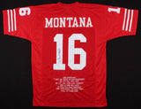 Joe Montana Signed 49ers Career Highlight Stat Jersey JSA / 4xSuper Bowl Champ