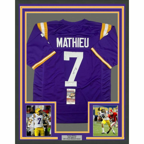 FRAMED Autographed/Signed TYRANN MATHIEU 33x42 Purple Football Jersey JSA COA