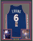 Framed Autographed/Signed Julius Erving Dr. J 35x39 Philly Blue Jersey JSA COA