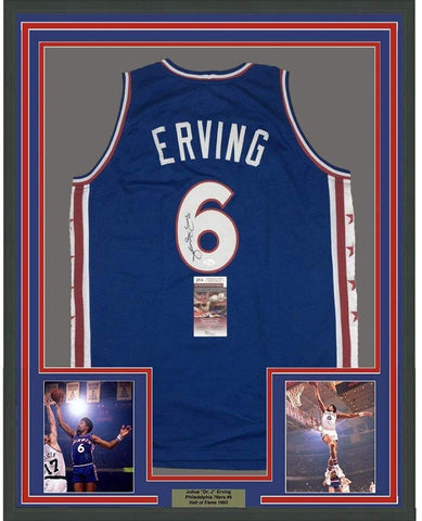 Framed Autographed/Signed Julius Erving Dr. J 35x39 Philly Blue Jersey JSA COA