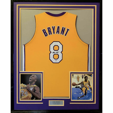 FRAMED Autographed/Signed KOBE BRYANT 33x42 Los Angeles LA Yellow Jersey PSA COA