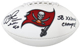 Buccaneers Mike Alstott "SB XXXVII Champs" Signed White Panel Logo Football BAS