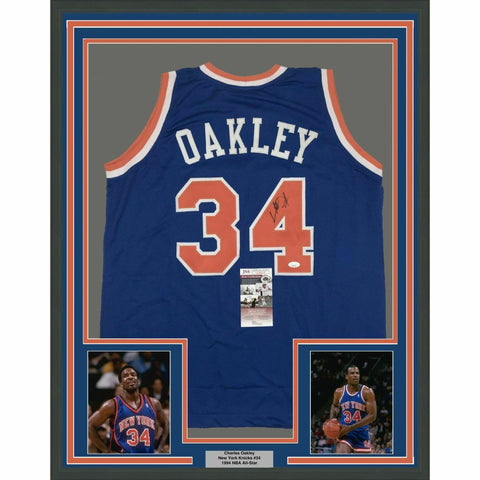 FRAMED Autographed/Signed CHARLES OAKLEY 33x42 New York Blue Jersey JSA COA Auto