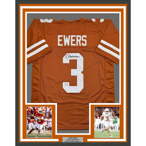 Framed Autographed/Signed Quinn Ewers 35x39 Texas Orange Jersey Beckett BAS COA