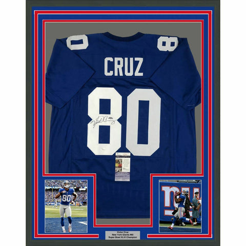 FRAMED Autographed/Signed VICTOR CRUZ 33x42 New York NY Blue Jersey JSA COA Auto