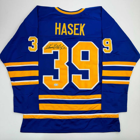 Autographed/Signed Dominik Hasek Buffalo Blue Hockey Jersey Beckett BAS COA