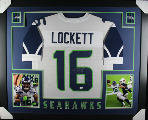 TYLER LOCKETT (Seahawks white SKYLINE) Signed Autographed Framed Jersey JSA